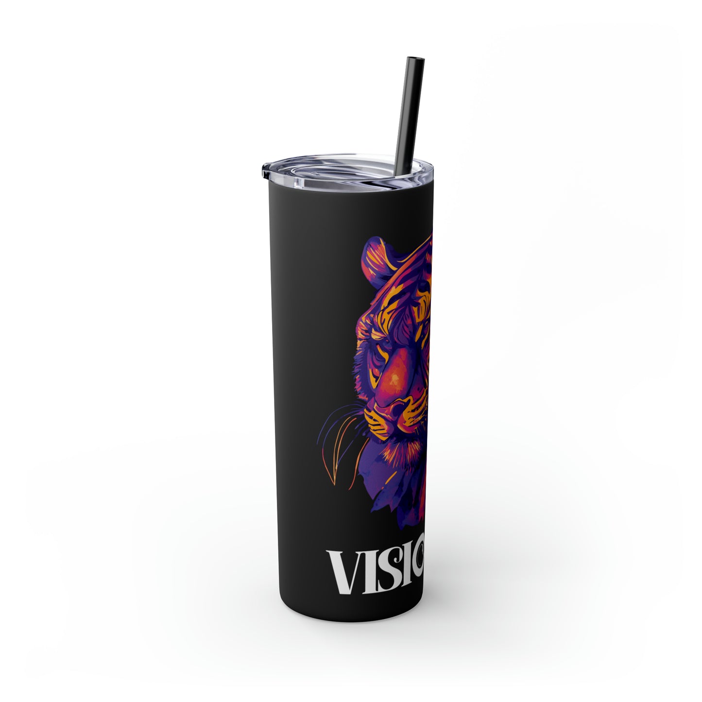 VISIONARY: Tiger Graphic Skinny Tumbler with Straw, 20oz (Black Matte Finish or Black Glitter Glossy Finish)