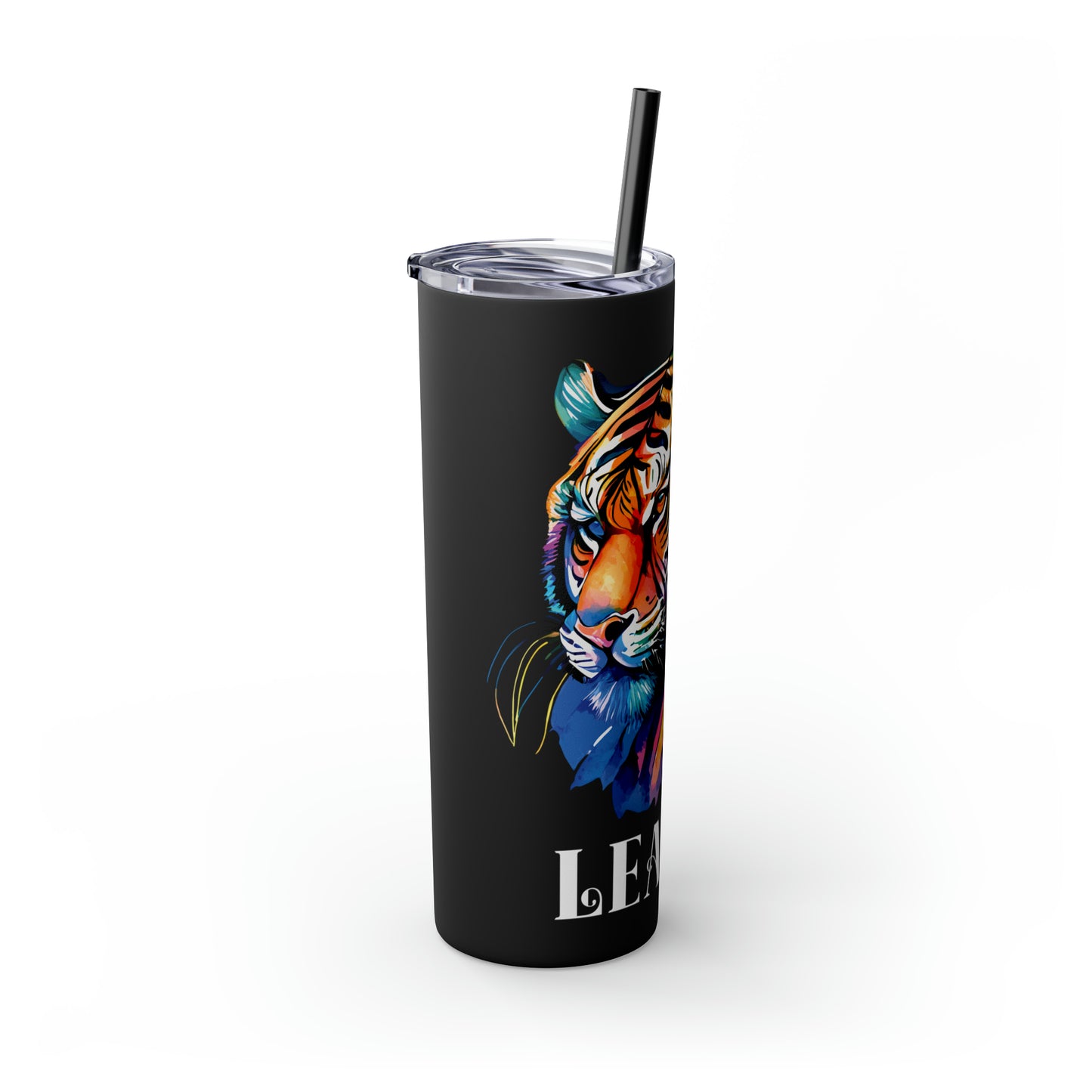 LEADER: Tiger Graphic Skinny Tumbler with Straw, 20oz (Black Matte Finish or Black Glitter Glossy Finish)