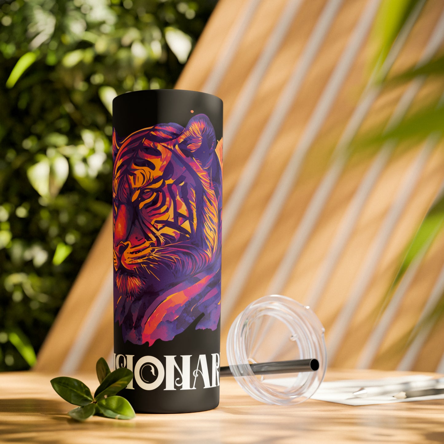 VISIONARY: Tiger Graphic Skinny Tumbler with Straw, 20oz (Black Matte Finish or Black Glitter Glossy Finish)