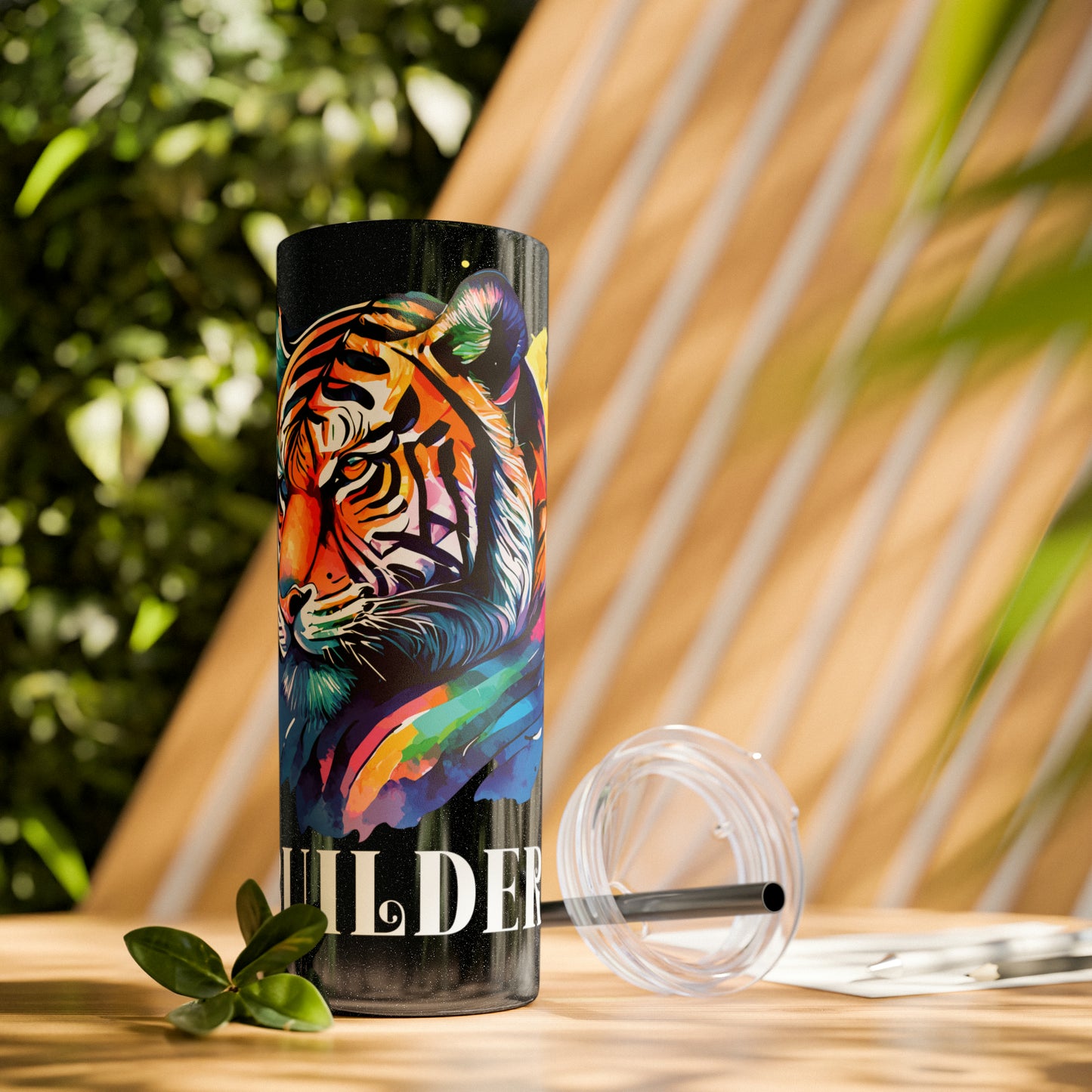 BUILDER: Tiger Graphic Skinny Tumbler with Straw, 20oz (Black Matte Finish or Black Glitter Glossy Finish)