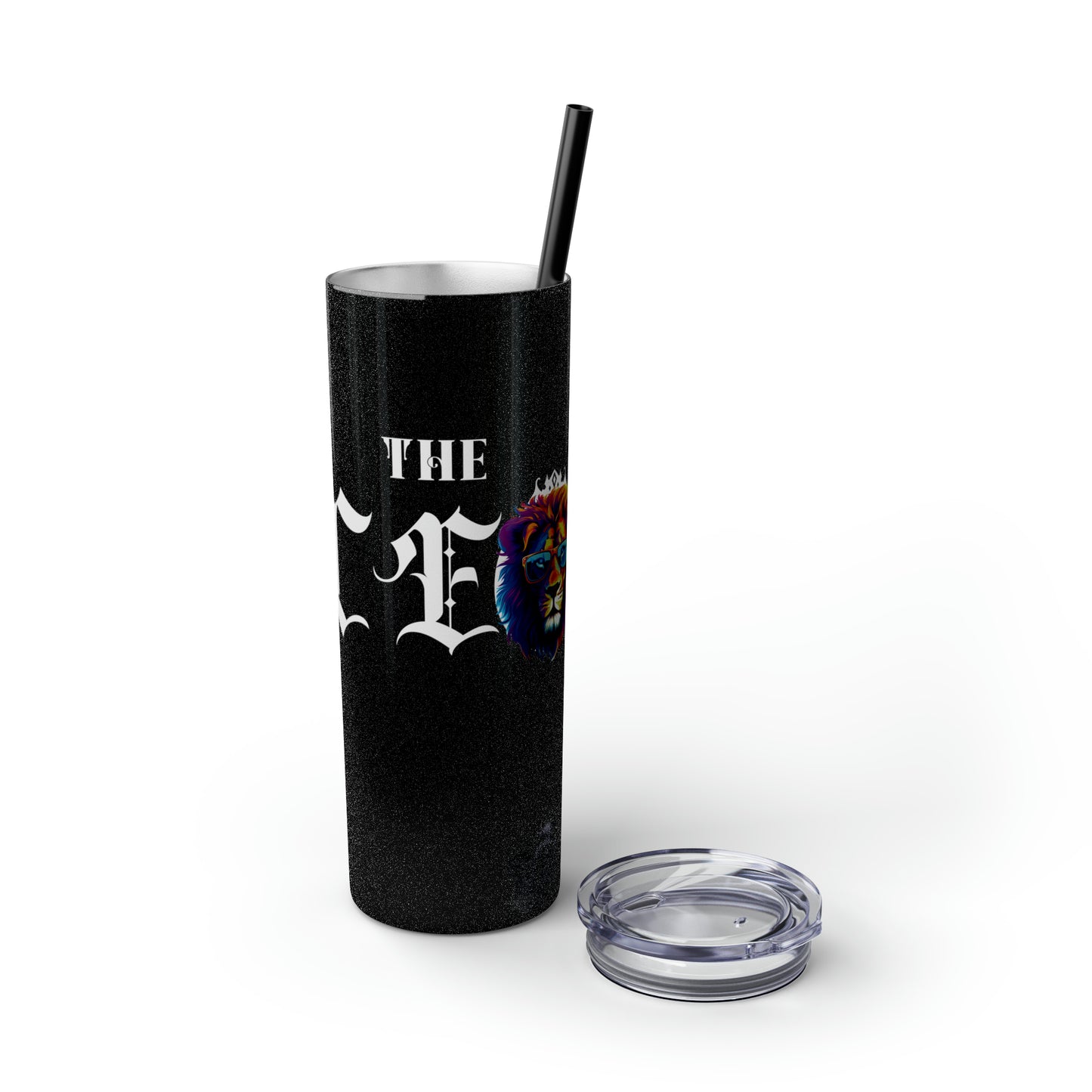 THE CEO: Lion Graphic Skinny Tumbler with Straw, 20oz (Black Matte Finish or Black Glitter Glossy Finish)