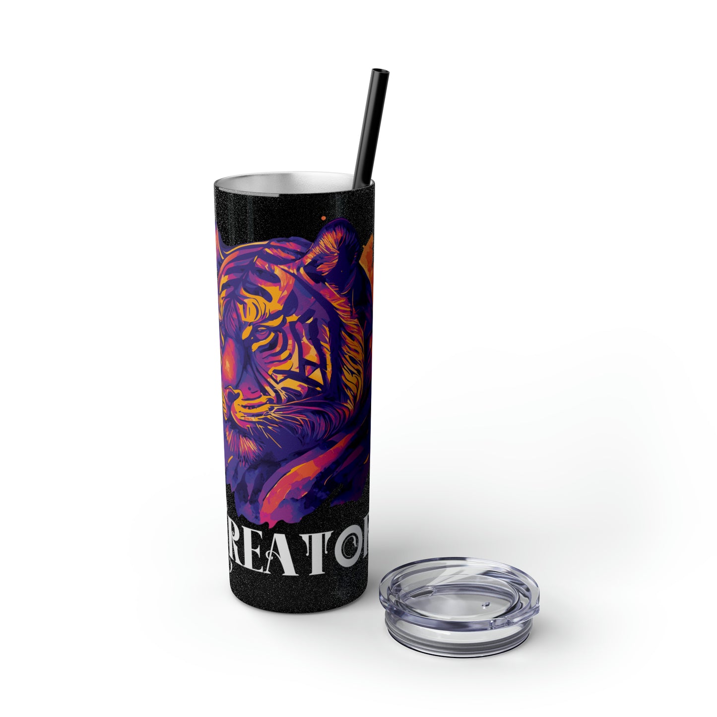 CREATOR: Tiger Graphic Skinny Tumbler with Straw, 20oz (Black Matte Finish or Black Glitter Glossy Finish)