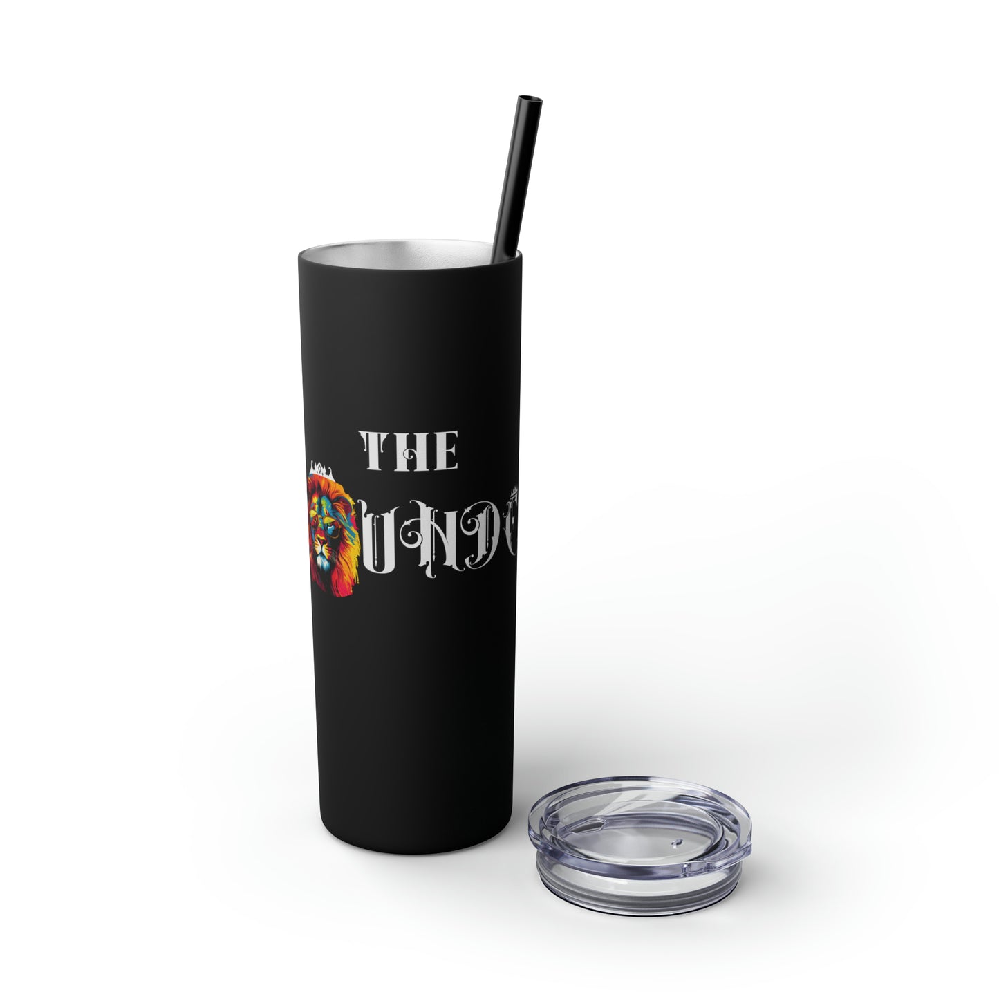 THE FOUNDER: Lion Graphic Skinny Tumbler with Straw, 20oz (Black Matte Finish or Black Glitter Glossy Finish)