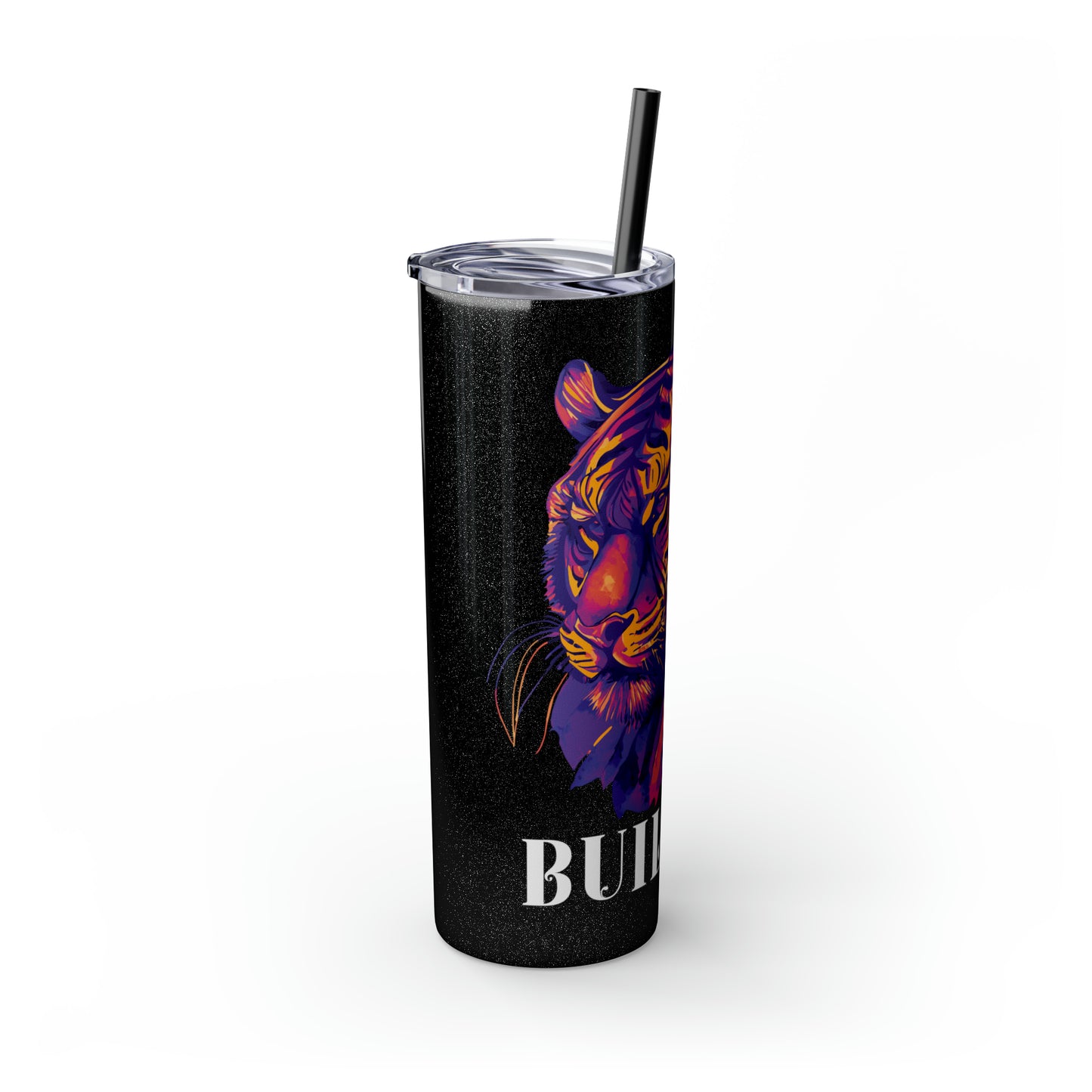 BUILDER: Tiger Graphic Skinny Tumbler with Straw, 20oz (Black Matte Finish or Black Glitter Glossy Finish)