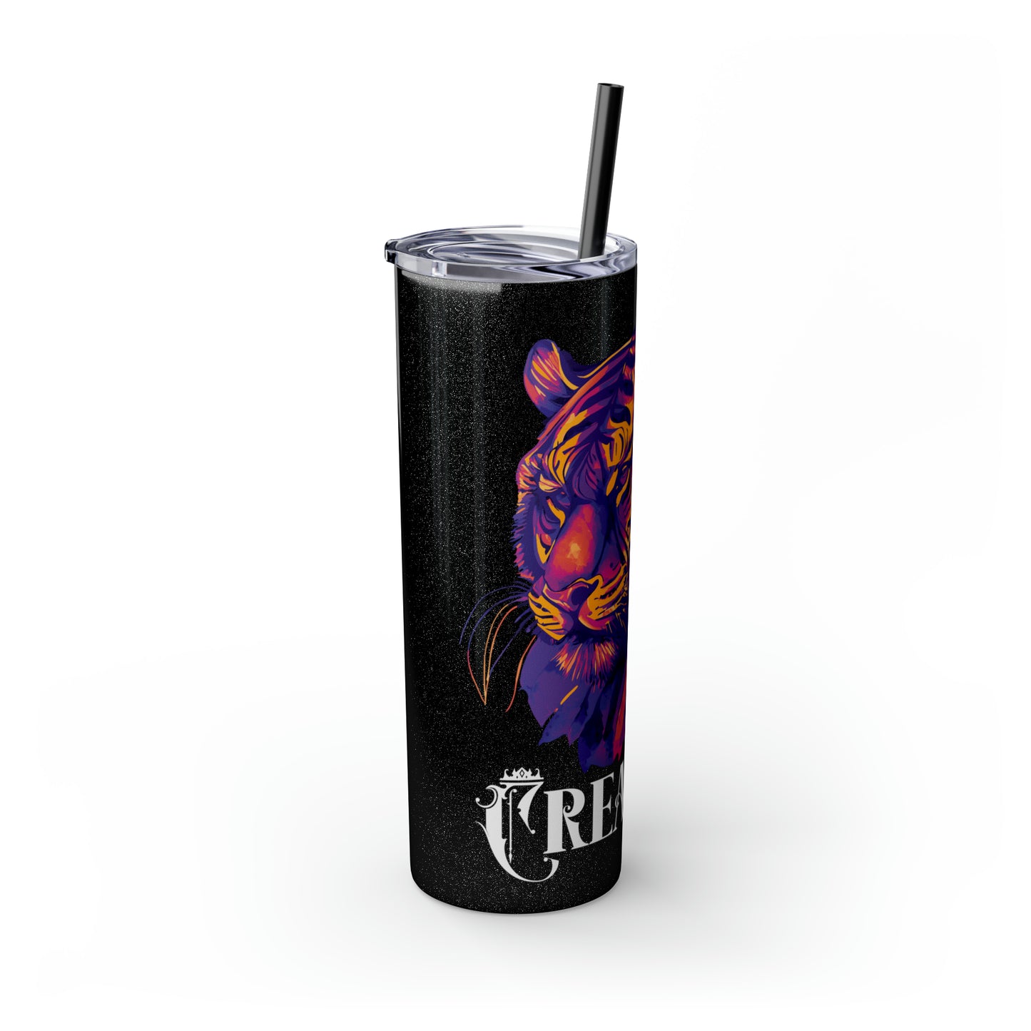 CREATOR: Tiger Graphic Skinny Tumbler with Straw, 20oz (Black Matte Finish or Black Glitter Glossy Finish)