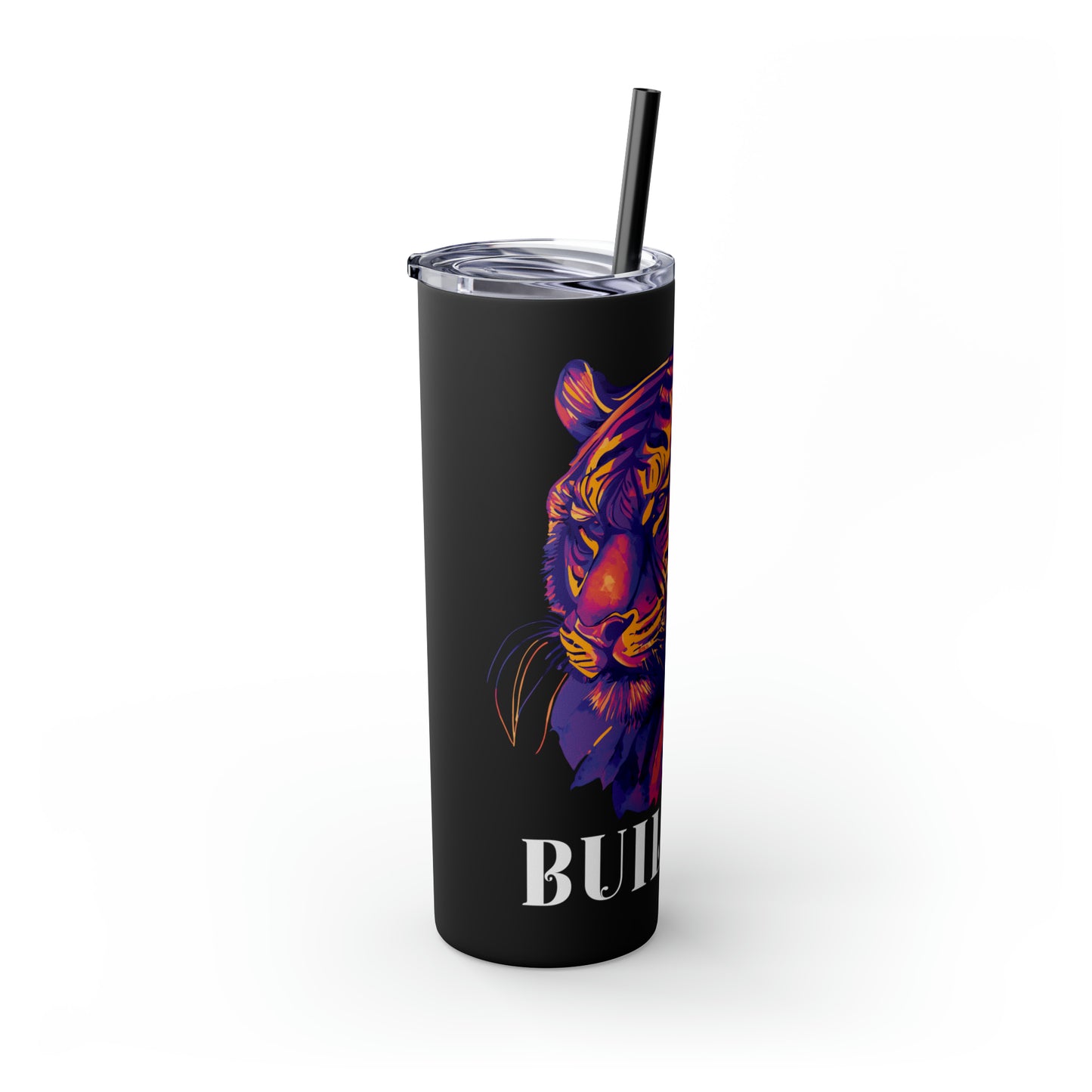 BUILDER: Tiger Graphic Skinny Tumbler with Straw, 20oz (Black Matte Finish or Black Glitter Glossy Finish)