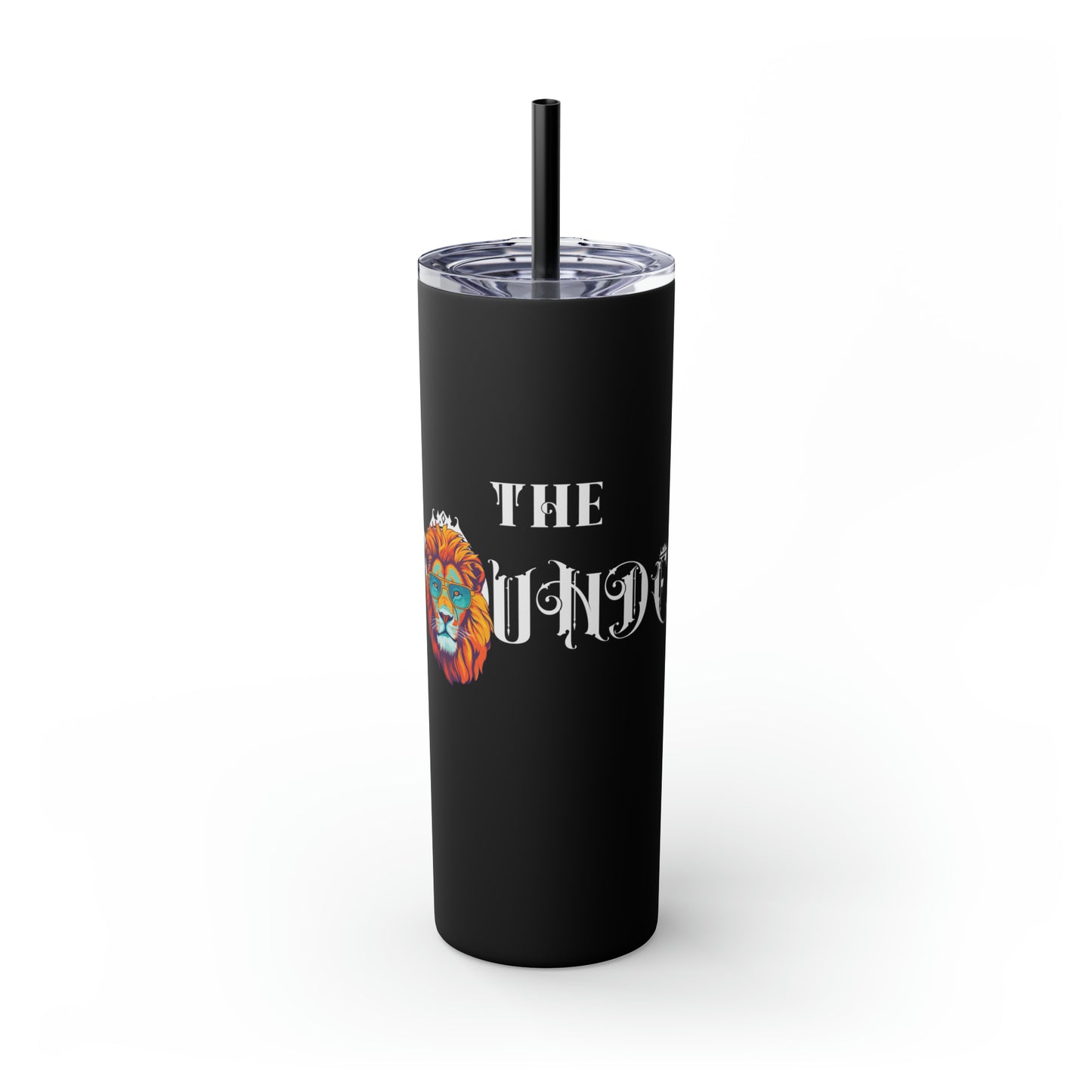 THE FOUNDER: Lion Graphic Skinny Tumbler with Straw, 20oz (Black Matte Finish or Black Glitter Glossy Finish)