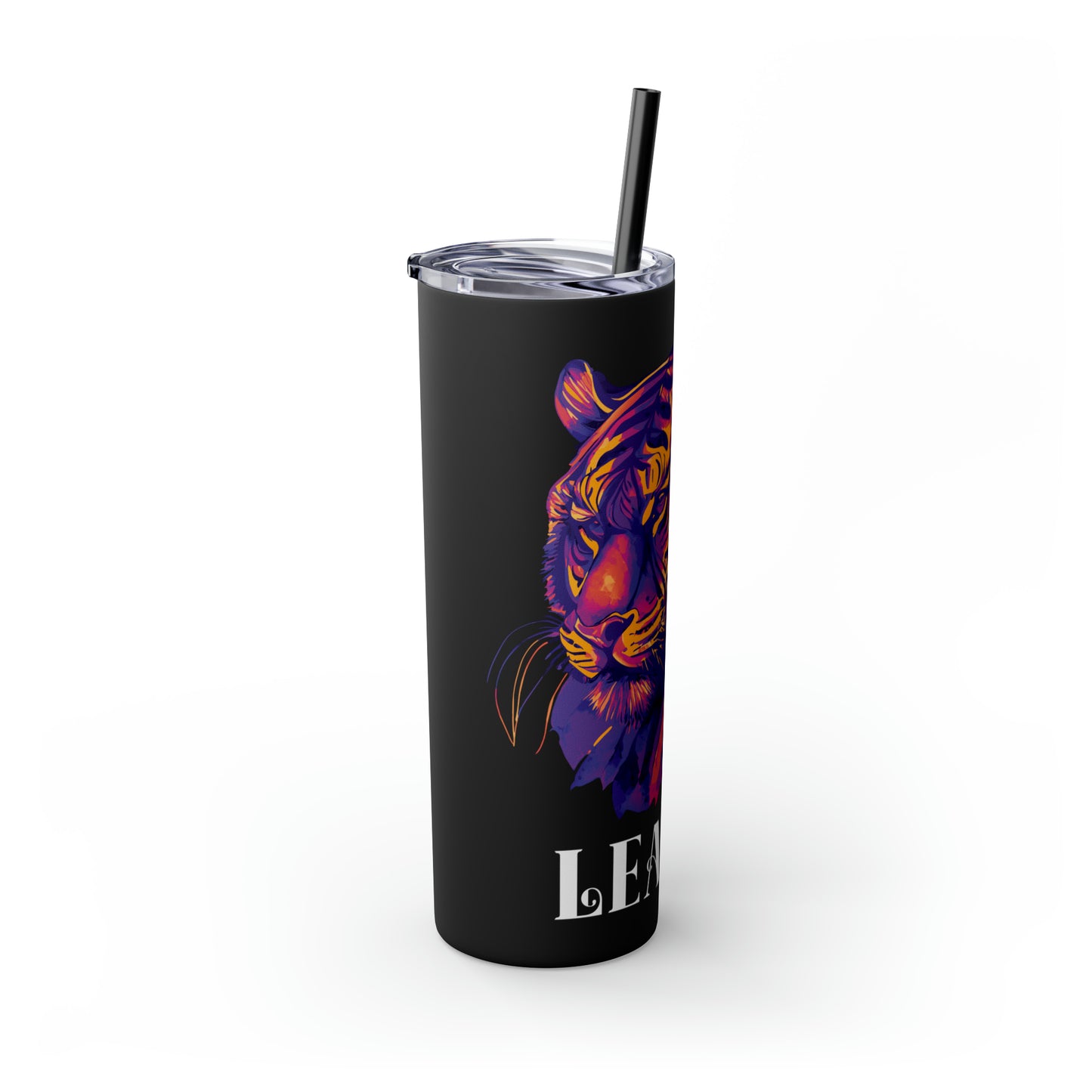 LEADER: Tiger Graphic Skinny Tumbler with Straw, 20oz (Black Matte Finish or Black Glitter Glossy Finish)