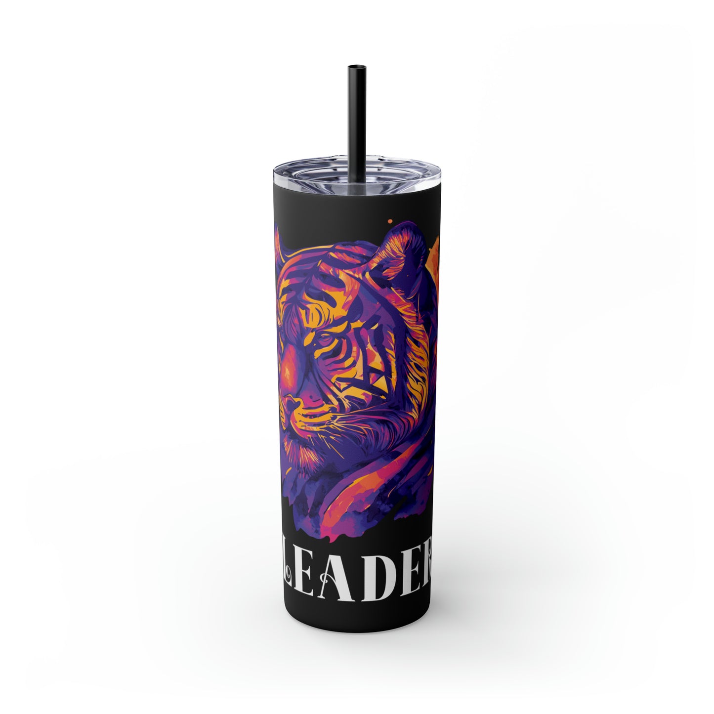 LEADER: Tiger Graphic Skinny Tumbler with Straw, 20oz (Black Matte Finish or Black Glitter Glossy Finish)