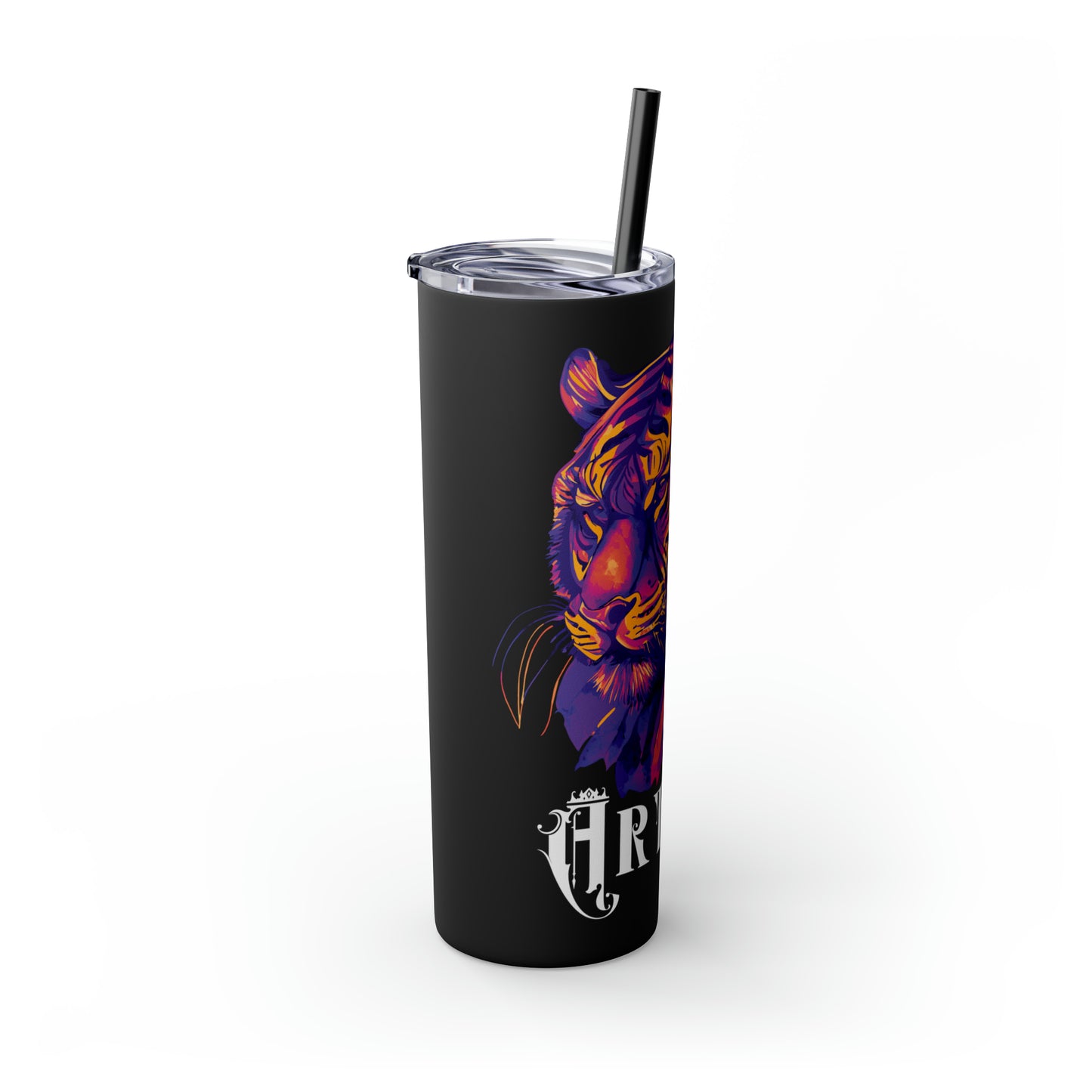 ARTIST: Tiger Graphic Skinny Tumbler with Straw, 20oz (Black Matte Finish or Black Glitter Glossy Finish)