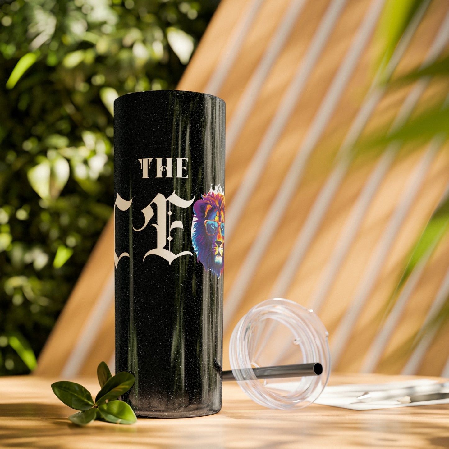 THE CEO: Lion Graphic Skinny Tumbler with Straw, 20oz (Black Matte Finish or Black Glitter Glossy Finish)