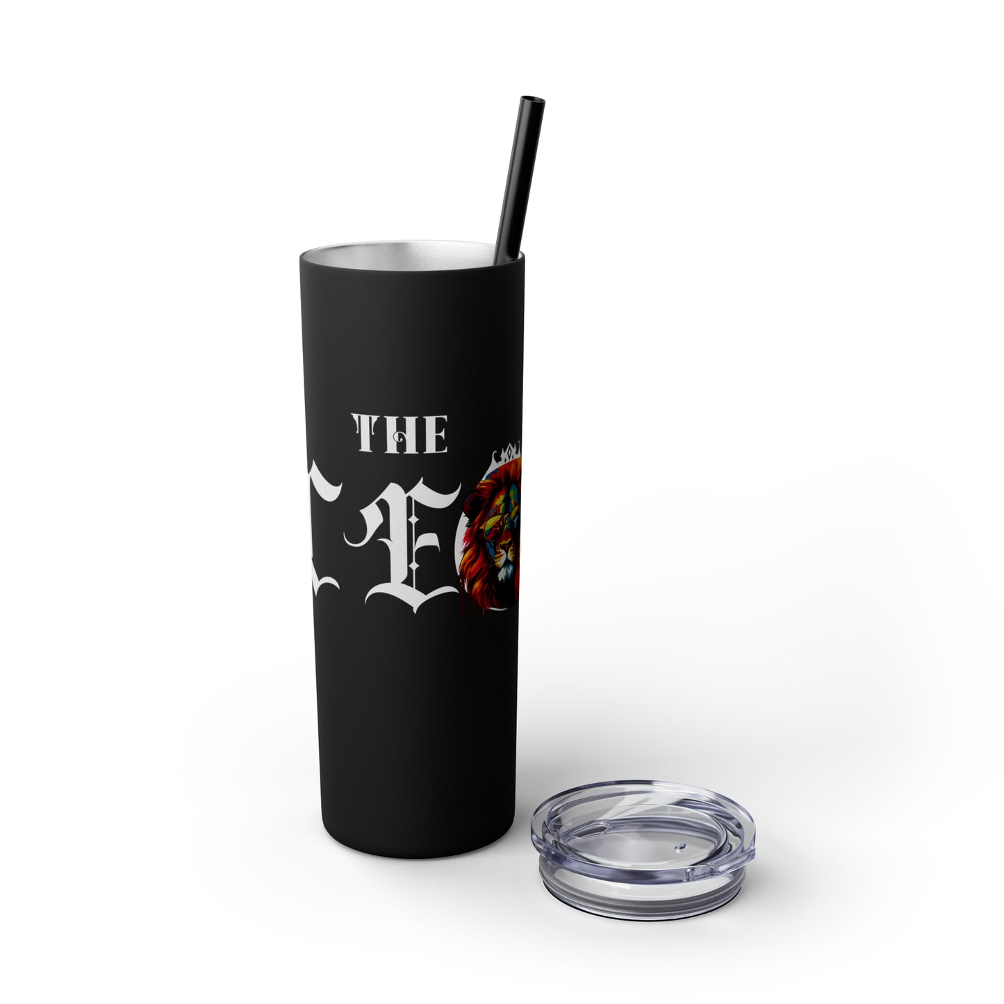 THE CEO: Lion Graphic Skinny Tumbler with Straw, 20oz (Black Matte Finish or Black Glitter Glossy Finish)