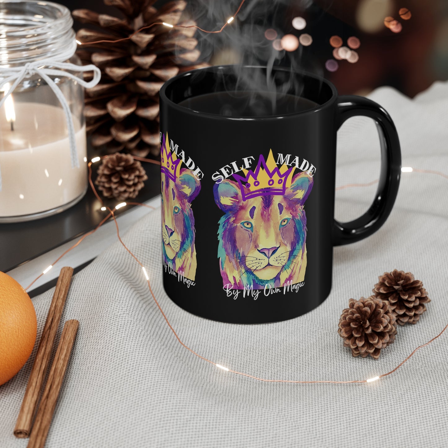 Classic Crown Lion in Royal Purple: 11oz Black Mug with Glossy Finish