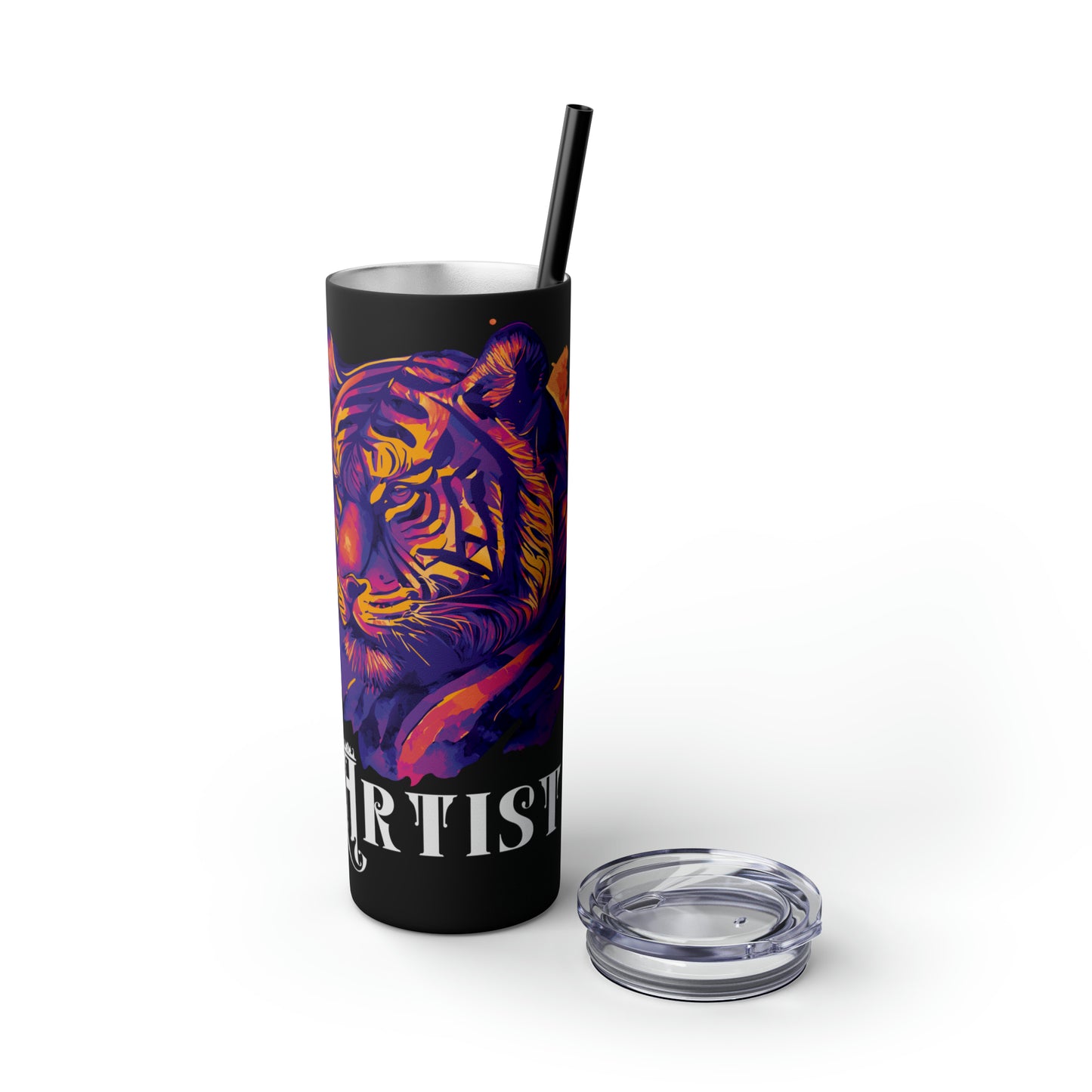 ARTIST: Tiger Graphic Skinny Tumbler with Straw, 20oz (Black Matte Finish or Black Glitter Glossy Finish)