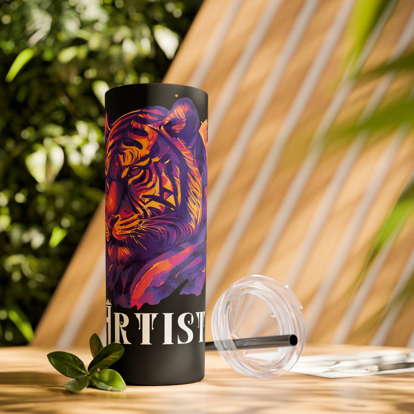 ARTIST: Tiger Graphic Skinny Tumbler with Straw, 20oz (Black Matte Finish or Black Glitter Glossy Finish)