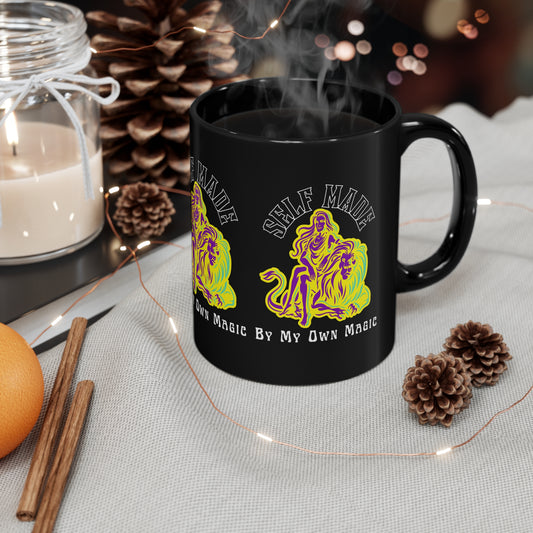 Retro Lady & Lion in Royal Purple: 11oz Black Mug with Glossy Finish