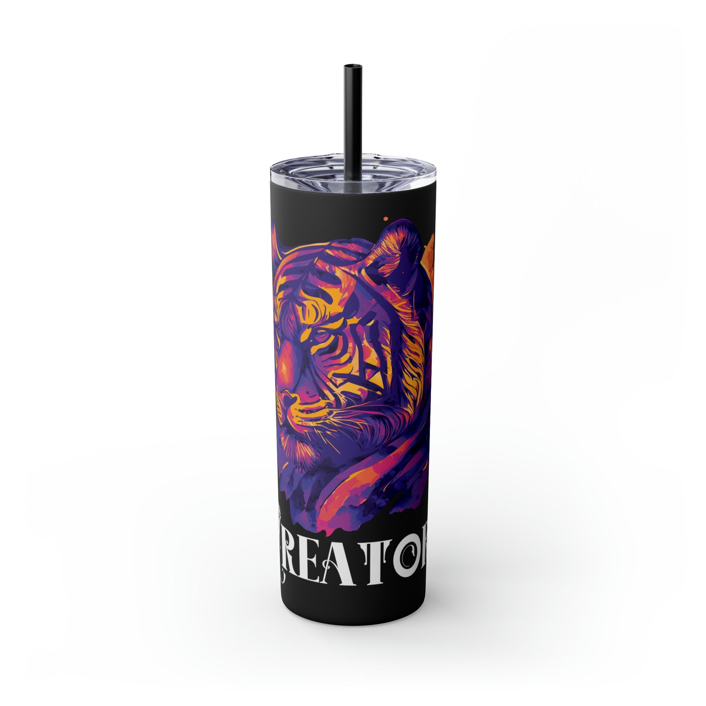 CREATOR: Tiger Graphic Skinny Tumbler with Straw, 20oz (Black Matte Finish or Black Glitter Glossy Finish)