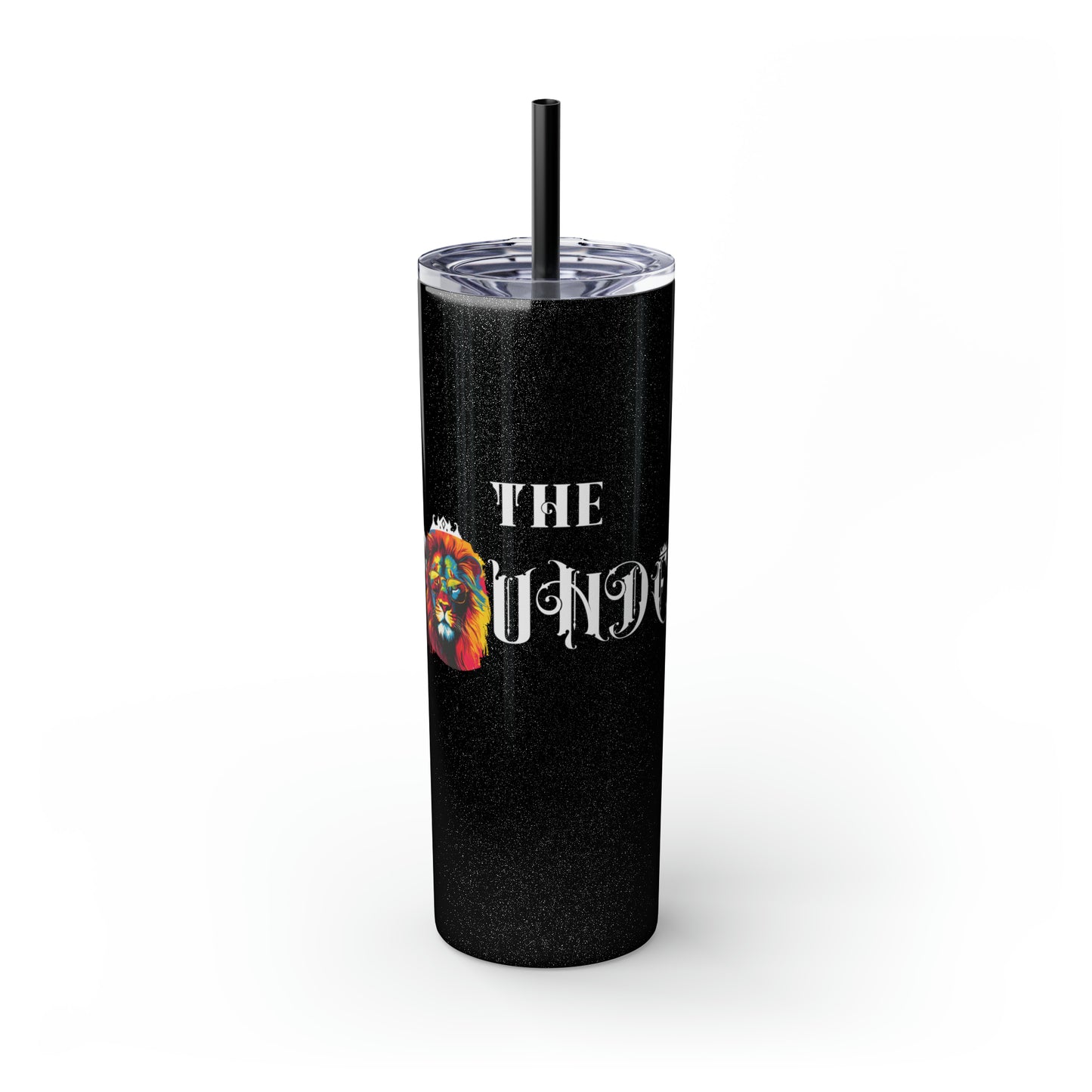 THE FOUNDER: Lion Graphic Skinny Tumbler with Straw, 20oz (Black Matte Finish or Black Glitter Glossy Finish)