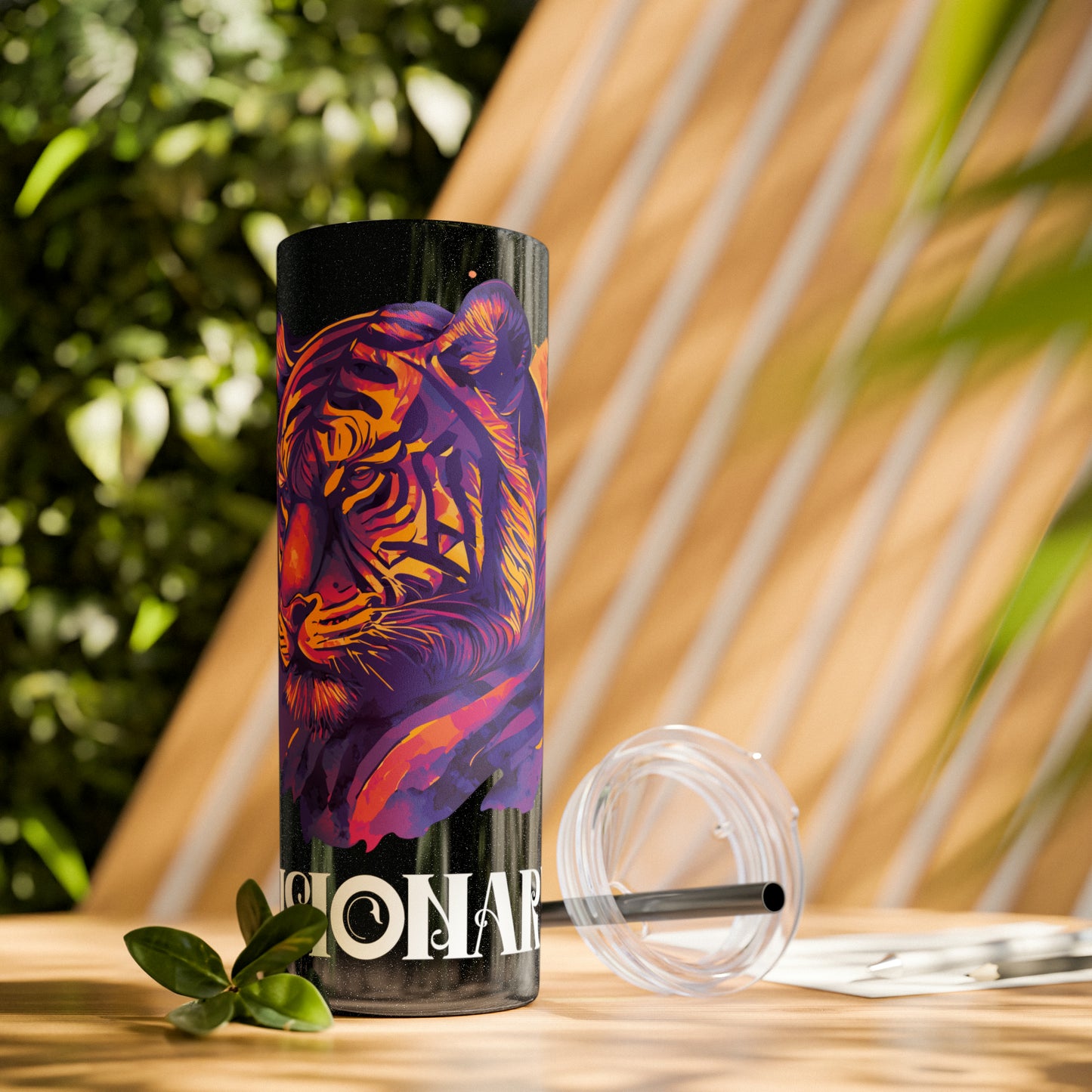 VISIONARY: Tiger Graphic Skinny Tumbler with Straw, 20oz (Black Matte Finish or Black Glitter Glossy Finish)