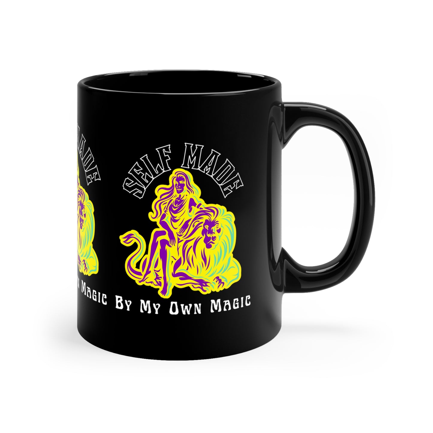 Retro Lady & Lion in Royal Purple: 11oz Black Mug with Glossy Finish