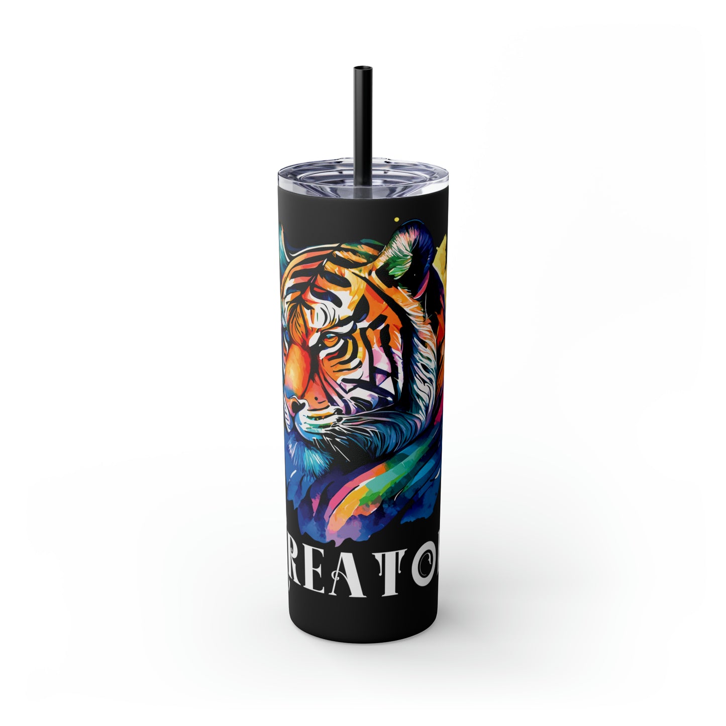 CREATOR: Tiger Graphic Skinny Tumbler with Straw, 20oz (Black Matte Finish or Black Glitter Glossy Finish)