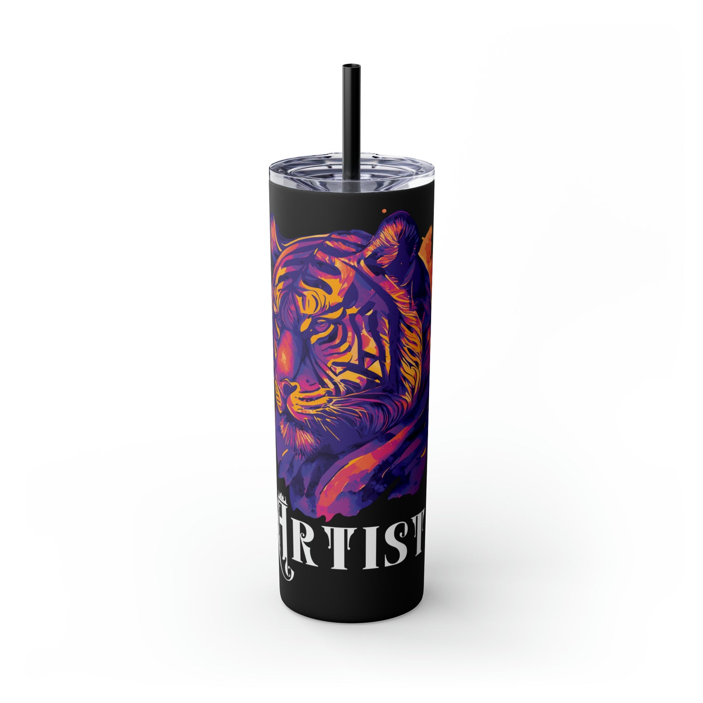 ARTIST: Tiger Graphic Skinny Tumbler with Straw, 20oz (Black Matte Finish or Black Glitter Glossy Finish)