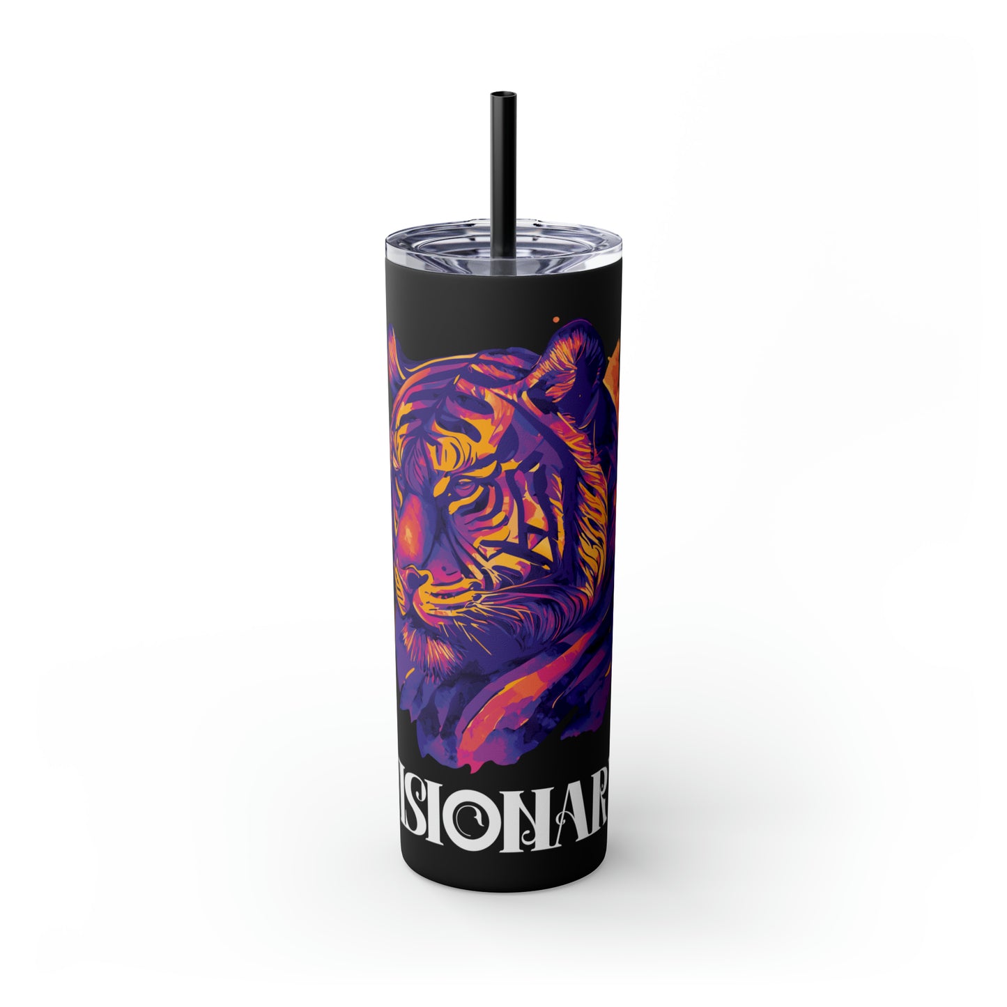 VISIONARY: Tiger Graphic Skinny Tumbler with Straw, 20oz (Black Matte Finish or Black Glitter Glossy Finish)