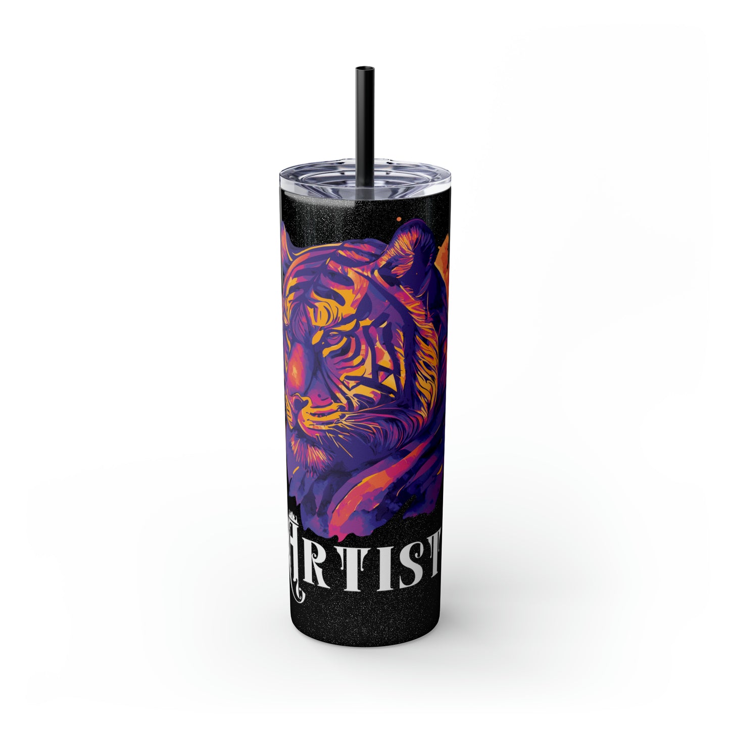 ARTIST: Tiger Graphic Skinny Tumbler with Straw, 20oz (Black Matte Finish or Black Glitter Glossy Finish)