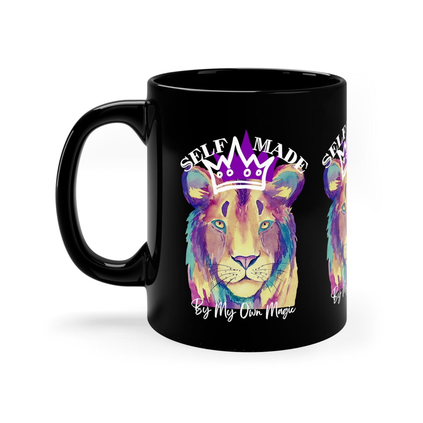 Street Art Remix Lion in Royal Purple: 11oz Black Mug with Glossy Finish