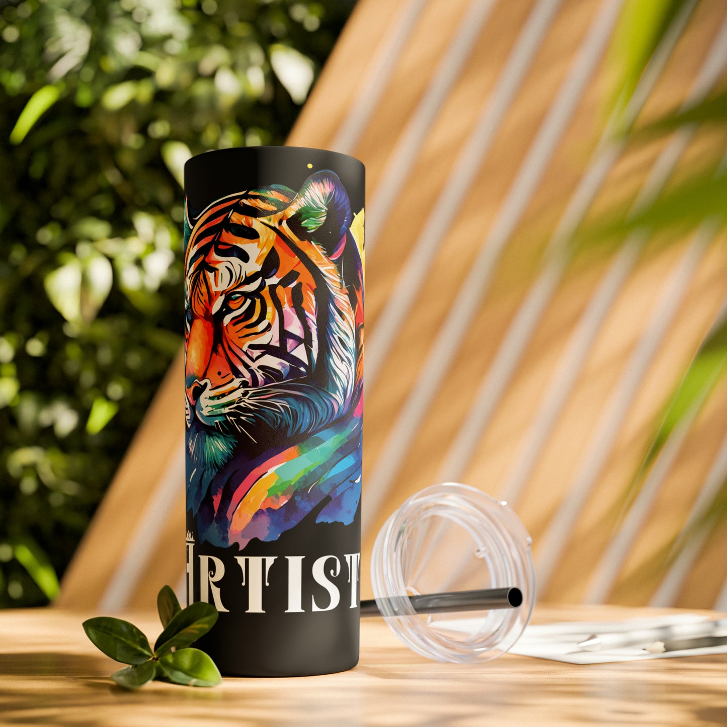 ARTIST: Tiger Graphic Skinny Tumbler with Straw, 20oz (Black Matte Finish or Black Glitter Glossy Finish)