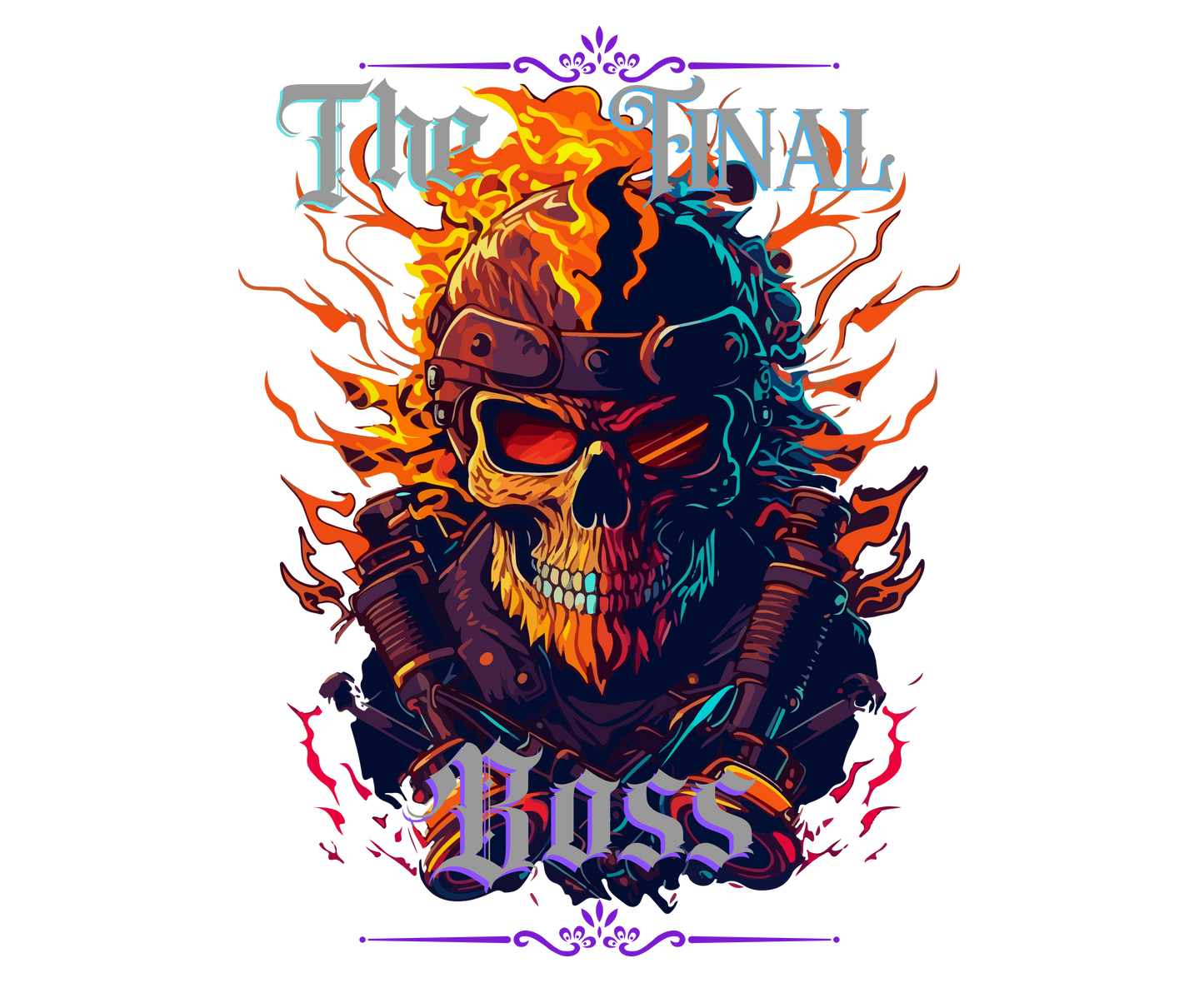 The Final Boss: Biker Skull With Flames Graphic Tee